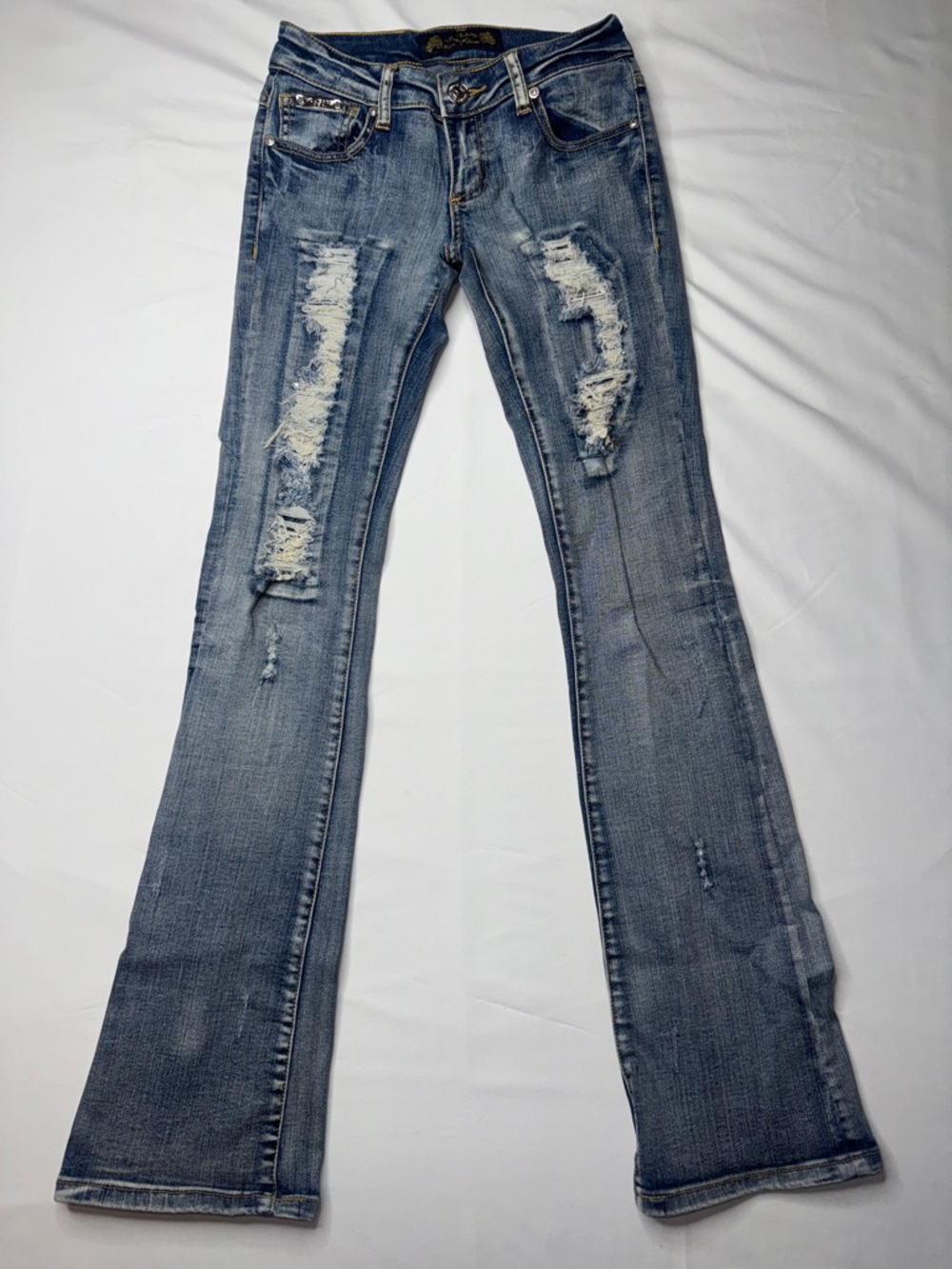 Virgin Only Y2K Low Rise Bootcut Flare Distressed Rhinestone Jeans Sz 25
